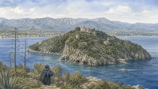 Albenga and its Roman Plain: Complete Guide 11 Original documentary watercolour of Gallinara Island: monastic memory and protected habitat in Albenga and its plain · Liguria, showing accurate architecture, landscape, people and present-day use