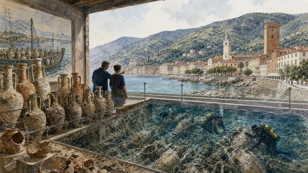 Albenga and its Roman Plain: Complete Guide 6 Original documentary watercolour of Roman Naval Museum: the sea reconstructed through cargo in Albenga and its plain · Liguria, showing accurate architecture, landscape, people and present-day use