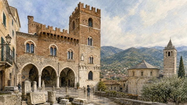 Albenga and its Roman Plain: Complete Guide 5 Original documentary watercolour of Palazzo Vecchio and civic museum: government over archaeology in Albenga and its plain · Liguria, showing accurate architecture, landscape, people and present-day use