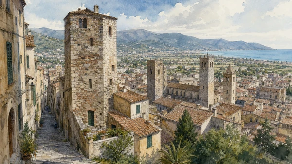 Albenga and its Roman Plain: Complete Guide 4 Original documentary watercolour of Medieval towers: family power in the city skyline in Albenga and its plain · Liguria, showing accurate architecture, landscape, people and present-day use