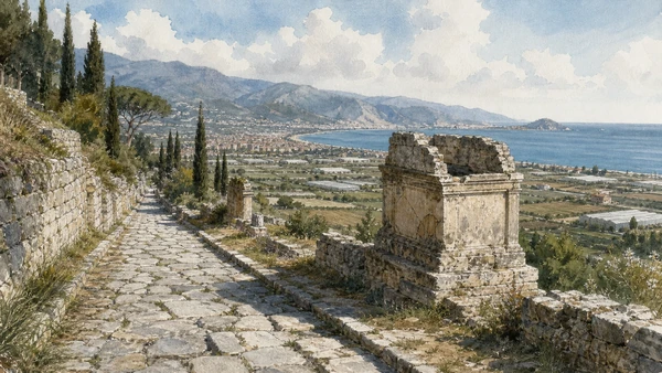 Albenga and its Roman Plain: Complete Guide 7 Original documentary watercolour of Via Iulia Augusta: road and funerary landscape in Albenga and its plain · Liguria, showing accurate architecture, landscape, people and present-day use