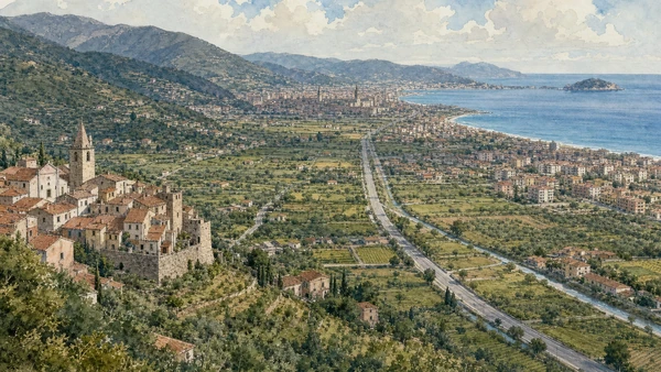 Albenga and its Roman Plain: Complete Guide 10 Original documentary watercolour of Villanova, Ceriale and the wider plain: settlements beyond the walls in Albenga and its plain · Liguria, showing accurate architecture, landscape, people and present-day use