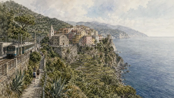 Original documentary watercolour of Corniglia: a village above the sea in Cinque Terre · Liguria, showing accurate architecture, landscape, people and present-day use