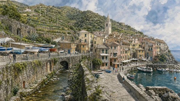 Original documentary watercolour of Manarola: valley settlement and working marina in Cinque Terre · Liguria, showing accurate architecture, landscape, people and present-day use