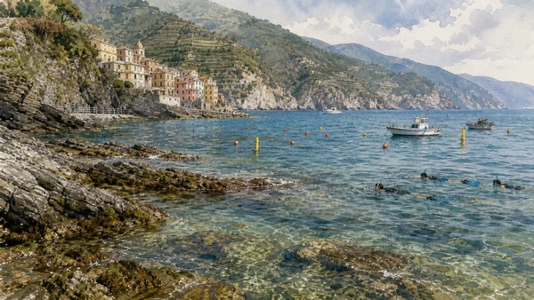 Original documentary watercolour of Marine protected area: habitat beyond the village edge in Cinque Terre · Liguria, showing accurate architecture, landscape, people and present-day use