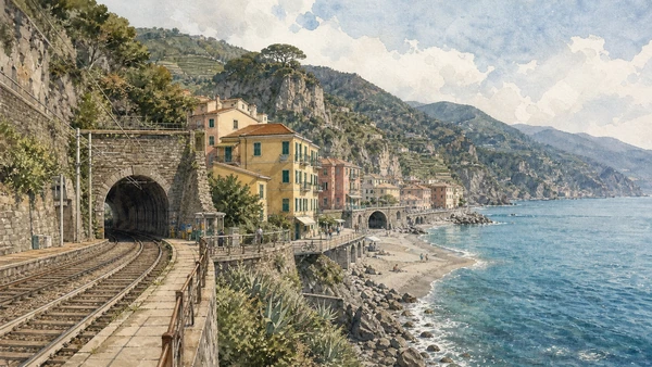 Original documentary watercolour of Fegina and the railway coast: modern access on constrained ground in Cinque Terre · Liguria, showing accurate architecture, landscape, people and present-day use