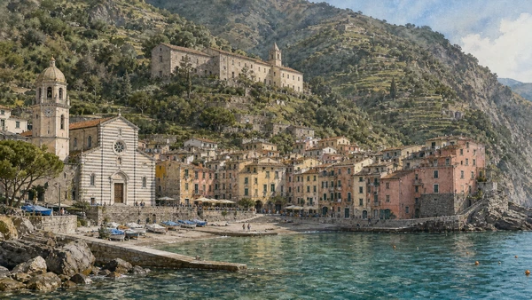 Original documentary watercolour of Monterosso old town: church, convent and compact lanes in Cinque Terre · Liguria, showing accurate architecture, landscape, people and present-day use