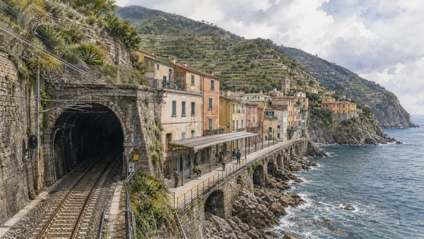 Original documentary watercolour of The coastal railway: access, engineering and dependence in Cinque Terre · Liguria, showing accurate architecture, landscape, people and present-day use