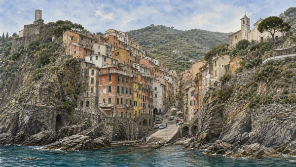 Original documentary watercolour of Riomaggiore: two steep sides of one valley in Cinque Terre · Liguria, showing accurate architecture, landscape, people and present-day use