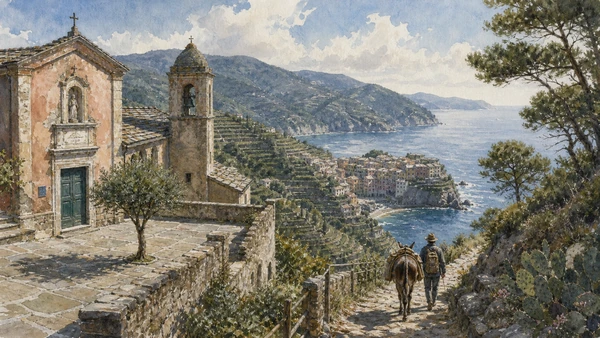 Original documentary watercolour of The sanctuary circuit: villages connected above in Cinque Terre · Liguria, showing accurate architecture, landscape, people and present-day use