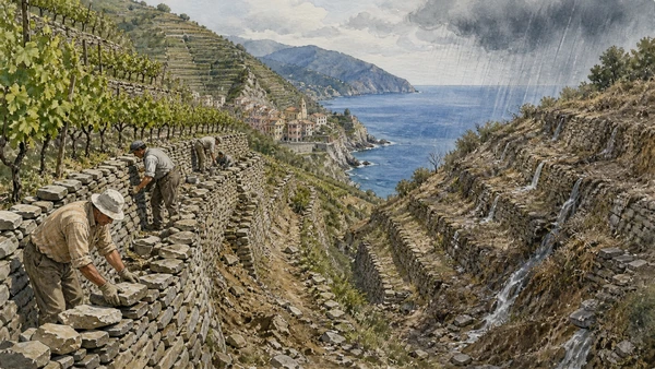 Original documentary watercolour of Dry-stone terraces: infrastructure of cultivation in Cinque Terre · Liguria, showing accurate architecture, landscape, people and present-day use