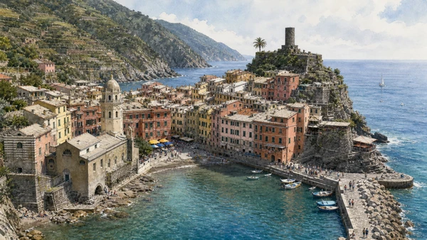 Original documentary watercolour of Vernazza: harbour, church and defensive ridge in Cinque Terre · Liguria, showing accurate architecture, landscape, people and present-day use