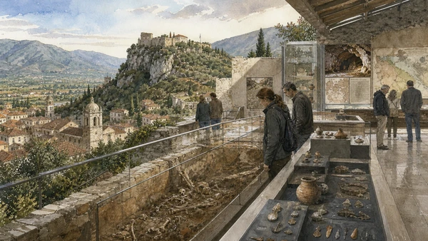 Original documentary watercolour of Archaeological Museum: 350,000 years in territorial context in Finalborgo and the Finalese · Liguria, showing accurate architecture, landscape, people and present-day use