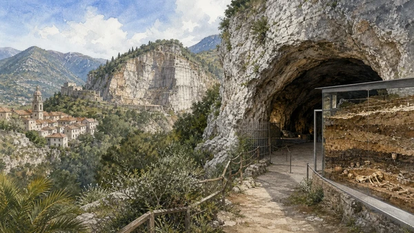 Original documentary watercolour of Arene Candide: cave archaeology and limits of access in Finalborgo and the Finalese · Liguria, showing accurate architecture, landscape, people and present-day use