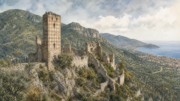 Original documentary watercolour of Castel Gavone and Perti: marquisate above the valley in Finalborgo and the Finalese · Liguria, showing accurate architecture, landscape, people and present-day use