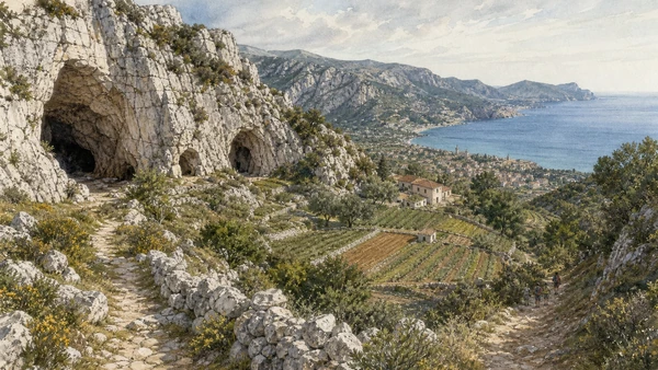 Original documentary watercolour of Manie plateau: caves, farms and Mediterranean habitat in Finalborgo and the Finalese · Liguria, showing accurate architecture, landscape, people and present-day use