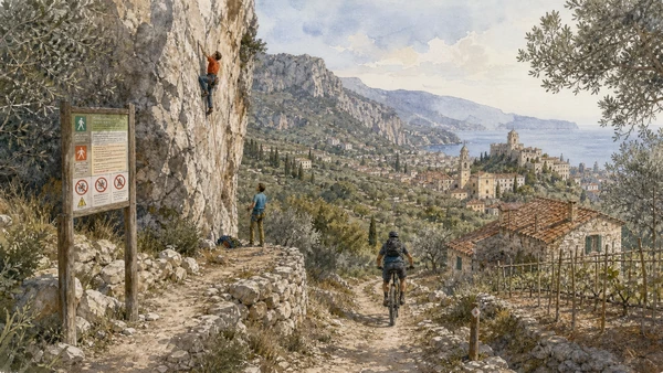 Original documentary watercolour of Finale outdoor landscape: climbing within a lived territory in Finalborgo and the Finalese · Liguria, showing accurate architecture, landscape, people and present-day use