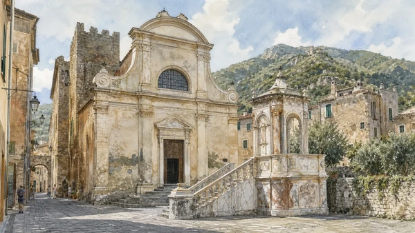 Original documentary watercolour of San Biagio: Baroque church within medieval fabric in Finalborgo and the Finalese · Liguria, showing accurate architecture, landscape, people and present-day use