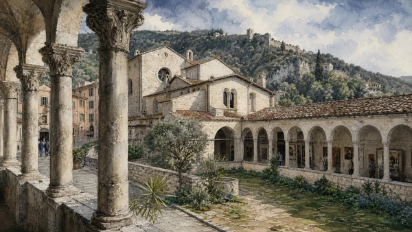 Original documentary watercolour of Santa Caterina: convent, cloisters and cultural complex in Finalborgo and the Finalese · Liguria, showing accurate architecture, landscape, people and present-day use