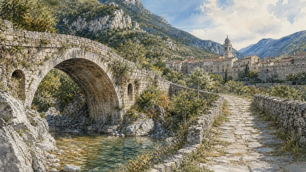 Original documentary watercolour of Val Ponci: Roman bridges and Via Iulia Augusta in Finalborgo and the Finalese · Liguria, showing accurate architecture, landscape, people and present-day use