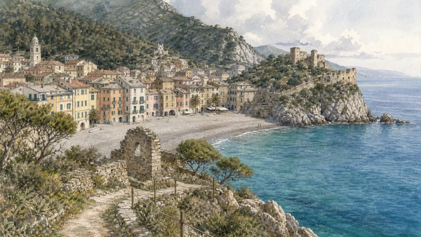 Original documentary watercolour of Varigotti and Punta Crena: coastal village and defended headland in Finalborgo and the Finalese · Liguria, showing accurate architecture, landscape, people and present-day use