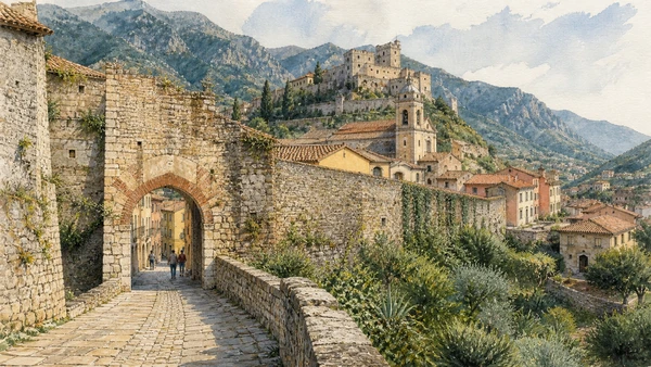 Original documentary watercolour of Walls and gates: the boundary of Burgum Finarii in Finalborgo and the Finalese · Liguria, showing accurate architecture, landscape, people and present-day use