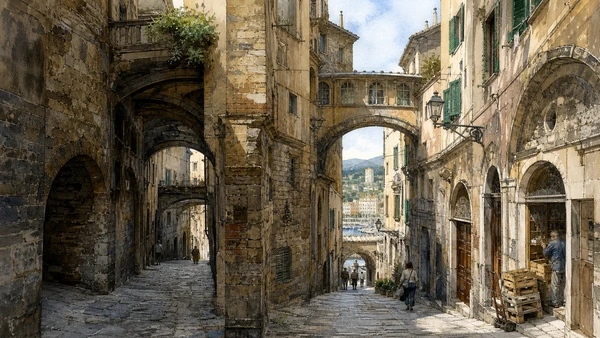 Original documentary watercolour of Caruggi and medieval fabric: density as historical evidence in Genoa · Liguria, showing accurate architecture, landscape, people and present-day use