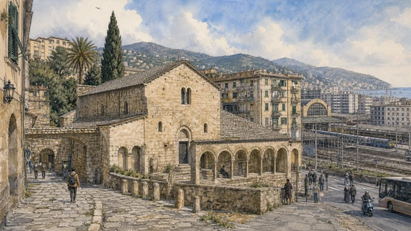 Original documentary watercolour of Commenda di Pre and the migration quarter in Genoa · Liguria, showing accurate architecture, landscape, people and present-day use