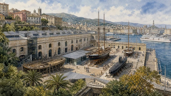 Original documentary watercolour of Galata Museo del Mare: ships, emigration and maritime systems in Genoa · Liguria, showing accurate architecture, landscape, people and present-day use