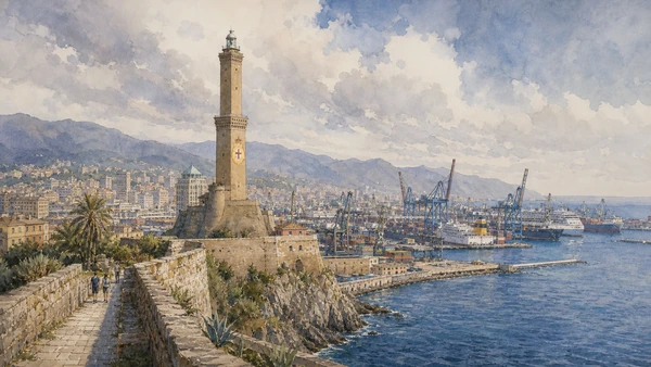 Original documentary watercolour of The Lanterna: lighthouse, symbol and port boundary in Genoa · Liguria, showing accurate architecture, landscape, people and present-day use