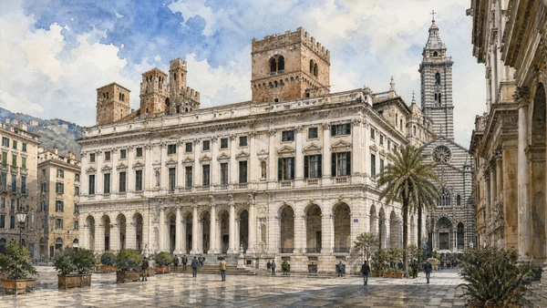 Original documentary watercolour of Palazzo Ducale and Piazza Matteotti: government repeatedly rebuilt in Genoa · Liguria, showing accurate architecture, landscape, people and present-day use