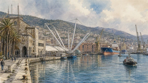 Original documentary watercolour of Porto Antico: harbour transformed but still connected to work in Genoa · Liguria, showing accurate architecture, landscape, people and present-day use