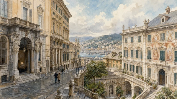 Original documentary watercolour of Strade Nuove and Rolli: a distributed court in Genoa · Liguria, showing accurate architecture, landscape, people and present-day use
