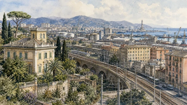 Original documentary watercolour of Sampierdarena: villas, factories and port expansion in Genoa · Liguria, showing accurate architecture, landscape, people and present-day use