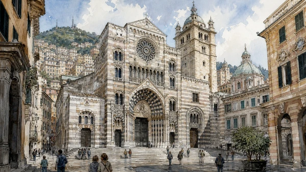 Original documentary watercolour of San Lorenzo Cathedral: civic church in a crowded centre in Genoa · Liguria, showing accurate architecture, landscape, people and present-day use