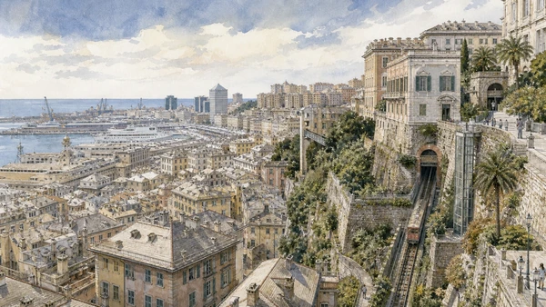 Original documentary watercolour of Castelletto and hillside lifts: the city read vertically in Genoa · Liguria, showing accurate architecture, landscape, people and present-day use