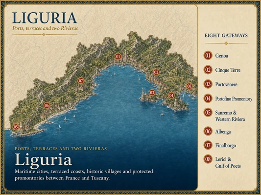Illustrated map of Liguria with eight numbered Merlintravel gateways