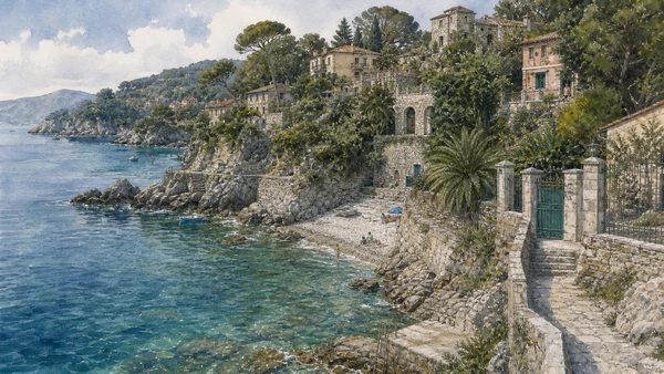 Lerici and the Gulf of Poets: Complete Guide 8 Original documentary watercolour of Fiascherino: coves, villas and constrained access in Lerici and Gulf of Poets · Liguria, showing accurate architecture, landscape, people and present-day use