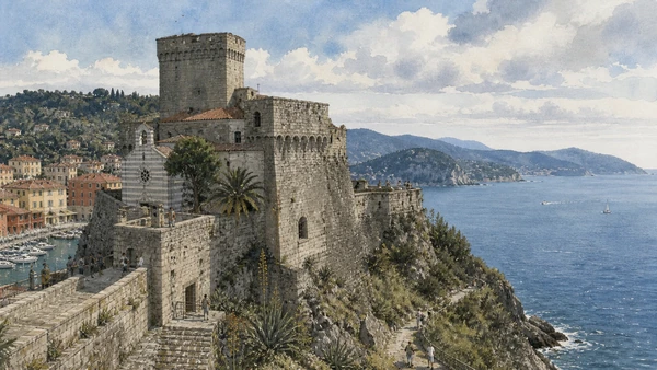 Lerici and the Gulf of Poets: Complete Guide 2 Original documentary watercolour of Lerici Castle: harbour defence and later public monument in Lerici and Gulf of Poets · Liguria, showing accurate architecture, landscape, people and present-day use