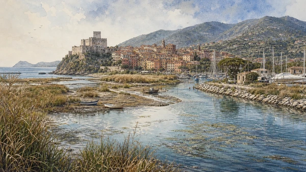 Lerici and the Gulf of Poets: Complete Guide 11 Original documentary watercolour of Magra river mouth: estuary, boats and ecological transition in Lerici and Gulf of Poets · Liguria, showing accurate architecture, landscape, people and present-day use