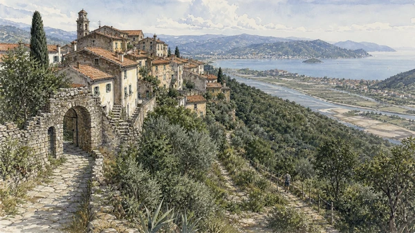 Lerici and the Gulf of Poets: Complete Guide 10 Original documentary watercolour of Montemarcello: ridge village above gulf and river in Lerici and Gulf of Poets · Liguria, showing accurate architecture, landscape, people and present-day use