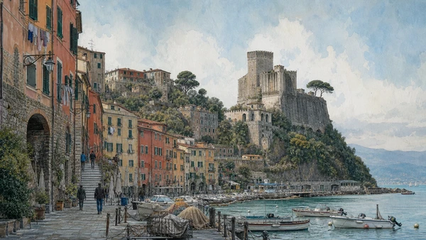 Lerici and the Gulf of Poets: Complete Guide 3 Original documentary watercolour of Lerici old town: carruggi between quay and castle in Lerici and Gulf of Poets · Liguria, showing accurate architecture, landscape, people and present-day use