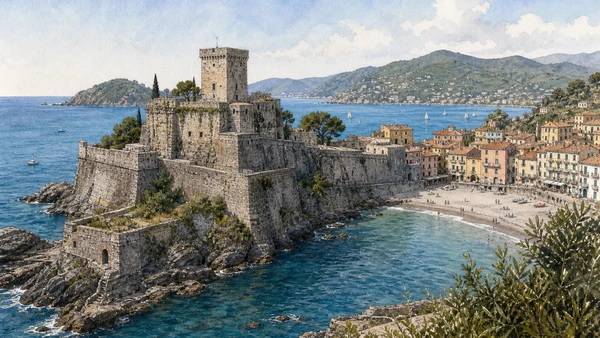 Lerici and the Gulf of Poets: Complete Guide 5 Original documentary watercolour of San Terenzo Castle: community-built defence in Lerici and Gulf of Poets · Liguria, showing accurate architecture, landscape, people and present-day use