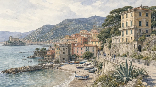 Lerici and the Gulf of Poets: Complete Guide 6 Original documentary watercolour of San Terenzo: fishing village and literary residence in Lerici and Gulf of Poets · Liguria, showing accurate architecture, landscape, people and present-day use