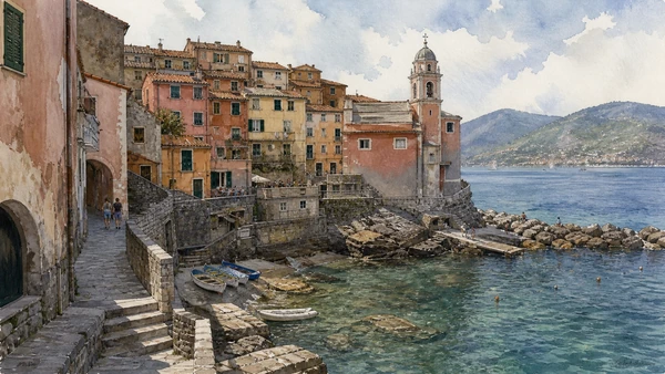 Lerici and the Gulf of Poets: Complete Guide 9 Original documentary watercolour of Tellaro: village on a rocky edge in Lerici and Gulf of Poets · Liguria, showing accurate architecture, landscape, people and present-day use