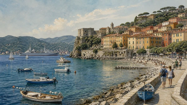 Lerici and the Gulf of Poets: Complete Guide 4 Original documentary watercolour of Lerici waterfront: beach, boats and public movement in Lerici and Gulf of Poets · Liguria, showing accurate architecture, landscape, people and present-day use