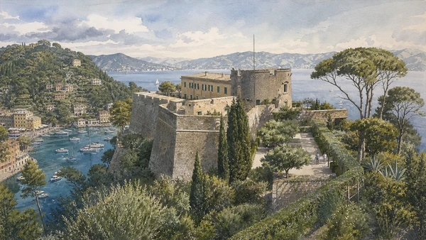 Portofino Promontory: Complete Guide 5 Original documentary watercolour of Castello Brown: defence transformed into residence in Portofino Promontory · Liguria, showing accurate architecture, landscape, people and present-day use