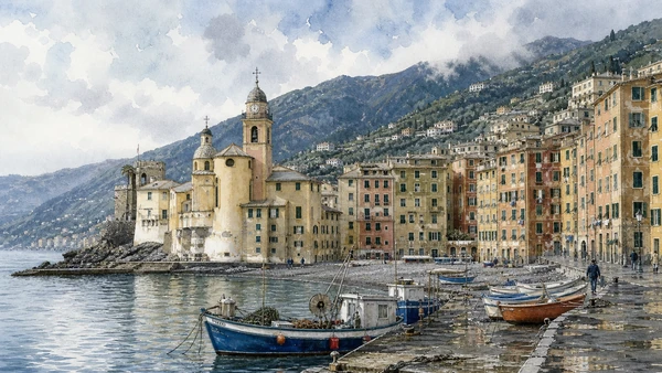Portofino Promontory: Complete Guide 7 Original documentary watercolour of Camogli: fishing town and maritime façade in Portofino Promontory · Liguria, showing accurate architecture, landscape, people and present-day use