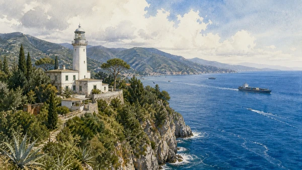 Portofino Promontory: Complete Guide 6 Original documentary watercolour of Portofino lighthouse: navigation at the promontory tip in Portofino Promontory · Liguria, showing accurate architecture, landscape, people and present-day use