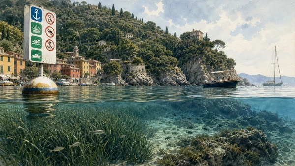 Portofino Promontory: Complete Guide 11 Original documentary watercolour of Marine protected area: zoning below the postcard surface in Portofino Promontory · Liguria, showing accurate architecture, landscape, people and present-day use